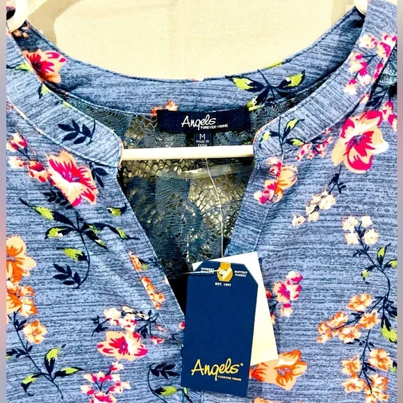 Women’s “Angels Forever Young” Blue Floral Convertible Long Sleeve Blouse - Picture 4 of 10